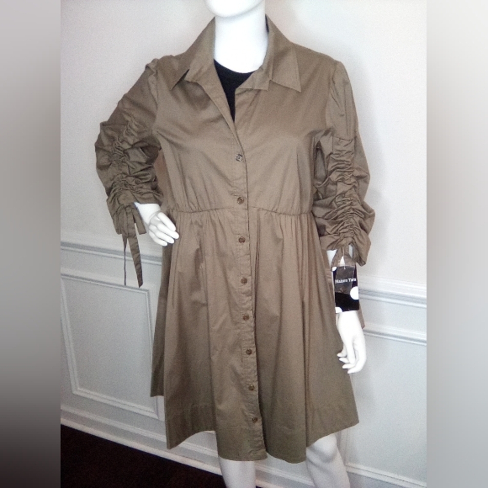Women's MaisonTara 3/4 Sleeve Collared Shirt Dress, SizeXL, Olive, NEW - Picture 10 of 16